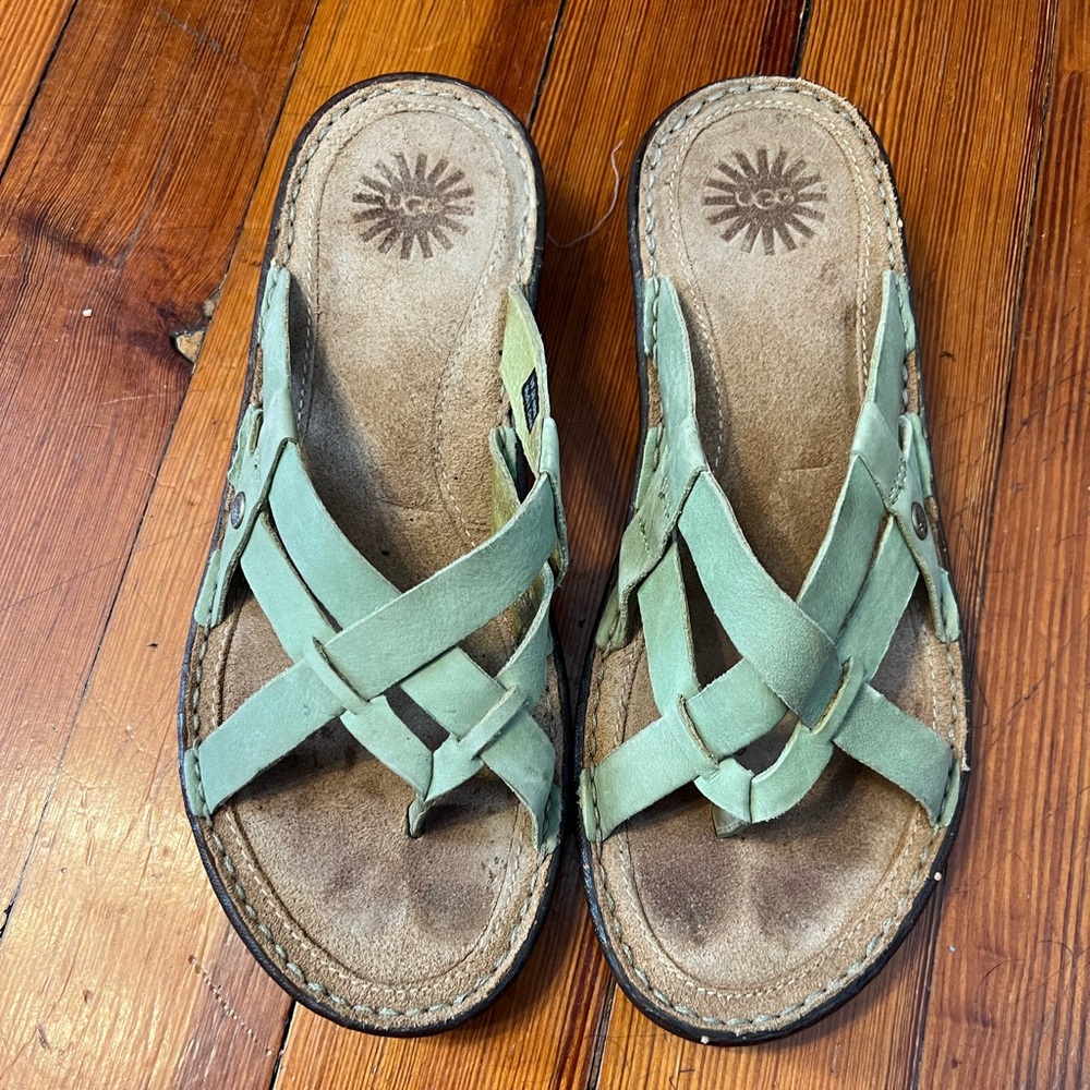 UGG Women's Mint Green Leather Woven Slide Sandals